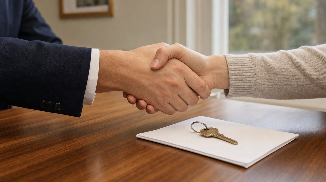 Two hands in a firm handshake over a walnut desk, with a brass house key resting on a folded paper below