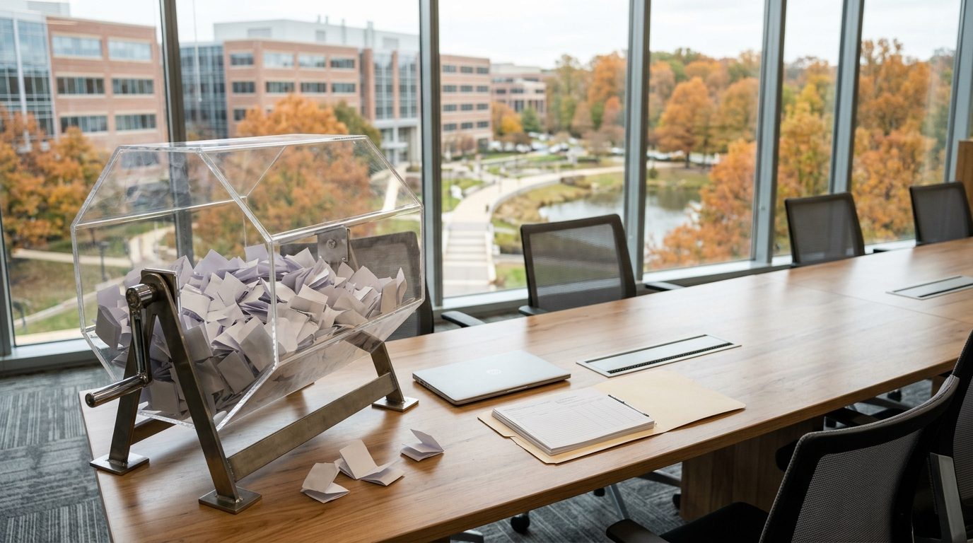 Concept image: a clear raffle drum full of folded paper slips on a conference table in a Fairfax County office, the government center campus through the window