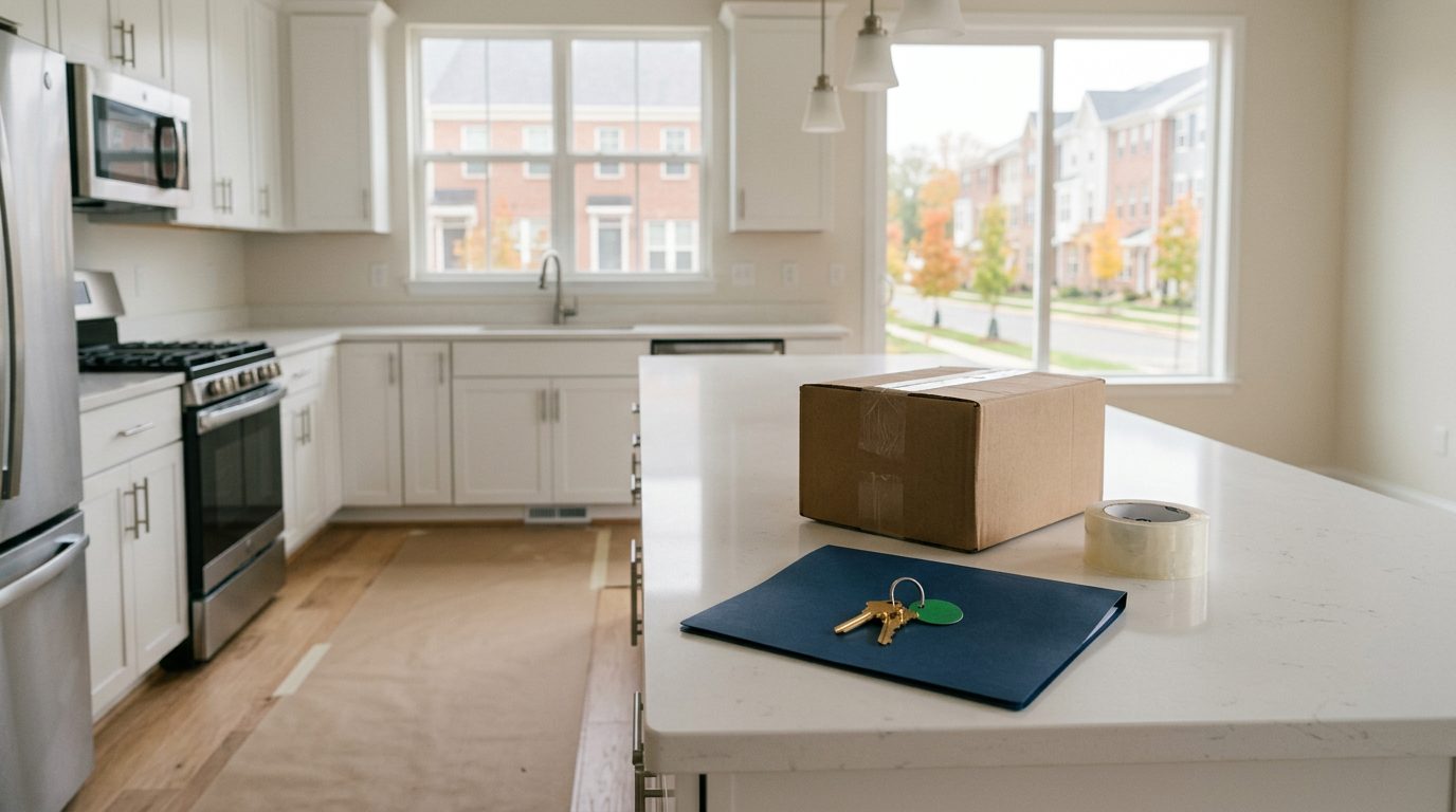 Concept image: two new house keys with a green tag on a navy folder on the kitchen island of a brand-new Fairfax County townhouse