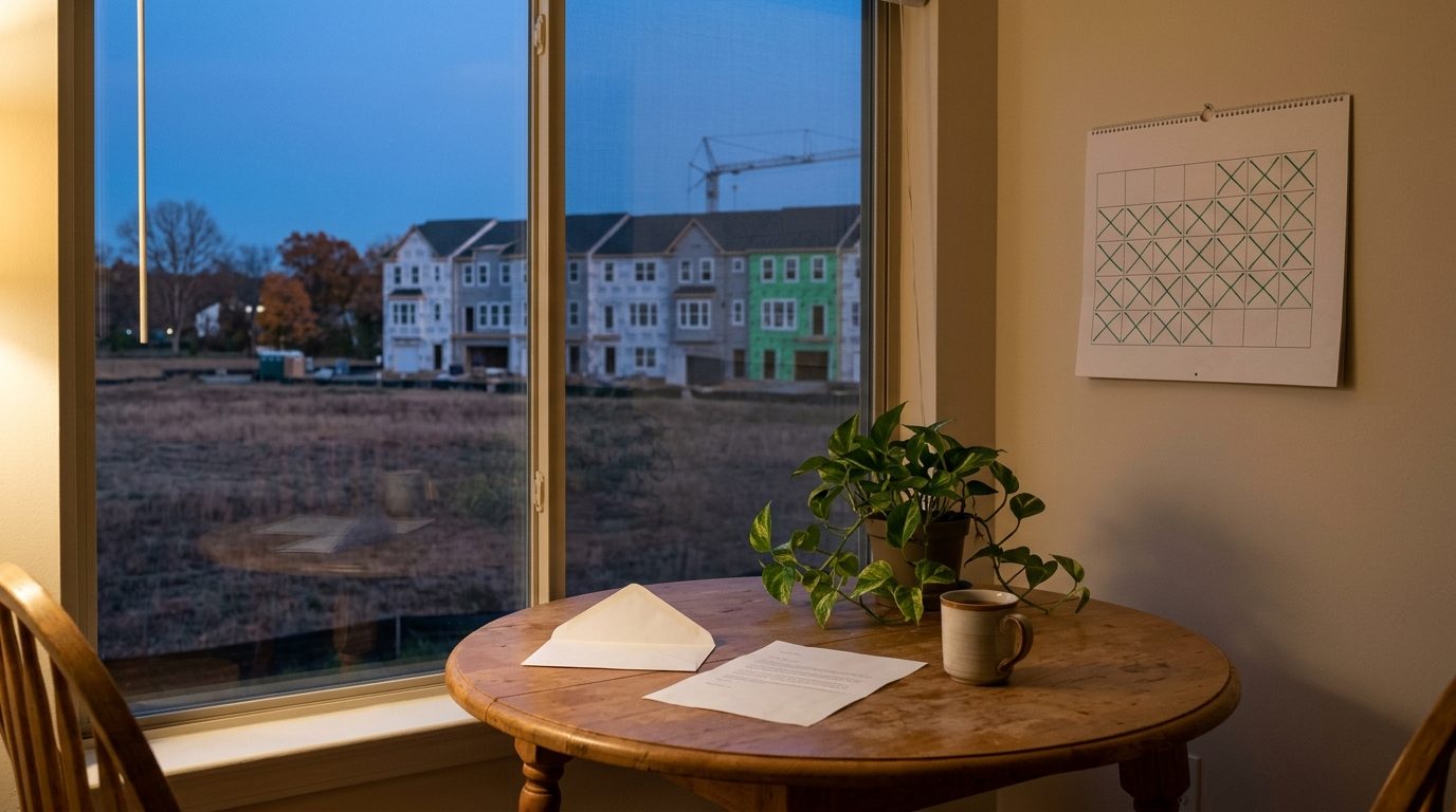 Concept image: a county letter and a calendar of crossed-off months on an apartment table in Ashburn, new townhouses being built outside the window