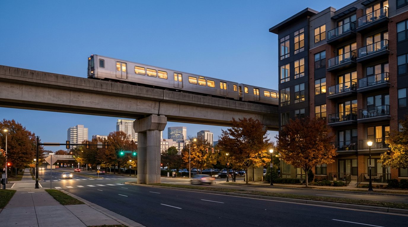 Concept image: a modern condo building beside the elevated Metro Silver Line in Tysons at blue hour, a train passing