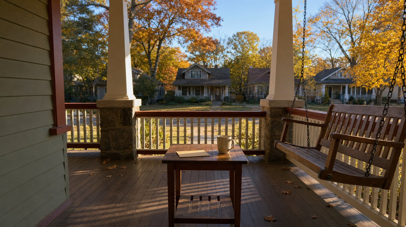 An envelope and a mug on a small table on a bungalow porch with a porch swing, looking across to other bungalows in fall
