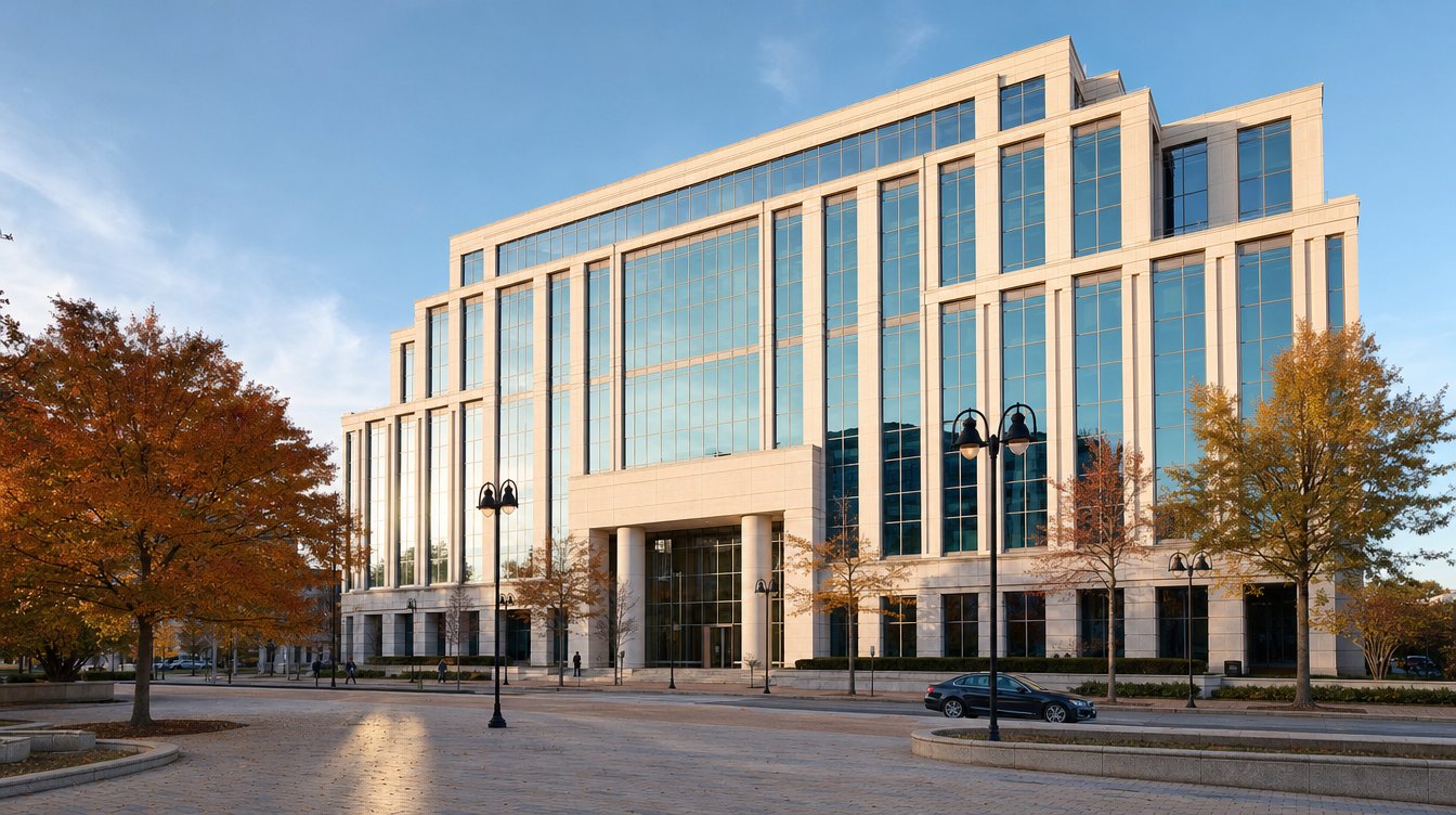A tall stone and glass county office building with a columned entrance on a plaza with lampposts and fall trees