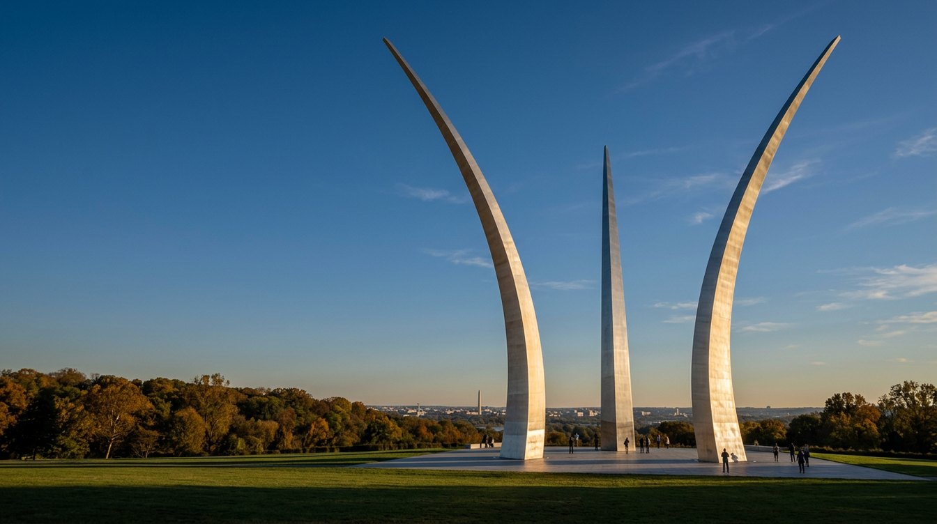 The three stainless steel spires of the United States Air Force Memorial against a clear evening sky, with the Washington skyline low in the distance