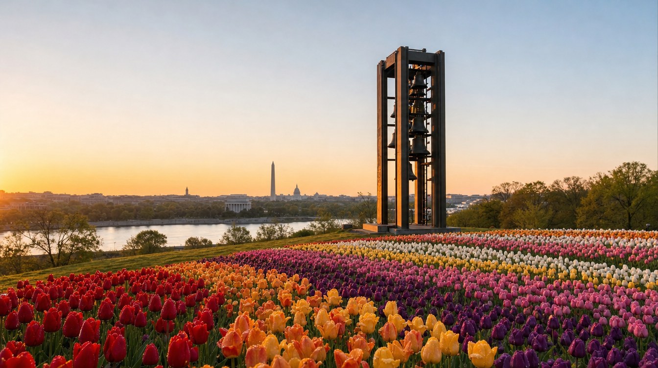 The open steel bell tower of the Netherlands Carillon in Arlington at sunrise, above long rows of red, orange, yellow, purple and white tulips, with the Potomac and the Washington Monument across the river