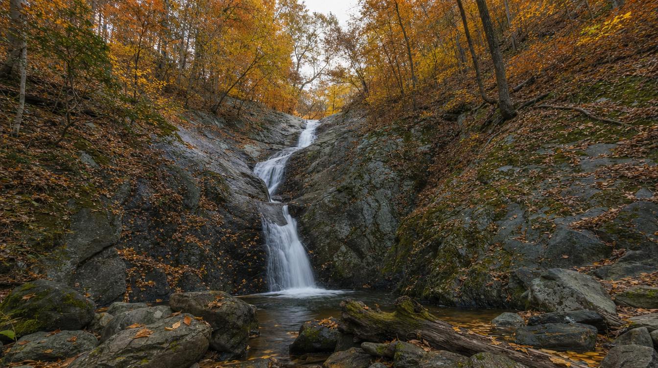Windy Run spilling down a rock face into a small pool in a wooded ravine in Arlington, with gold and orange fall leaves on the trees and on the boulders below