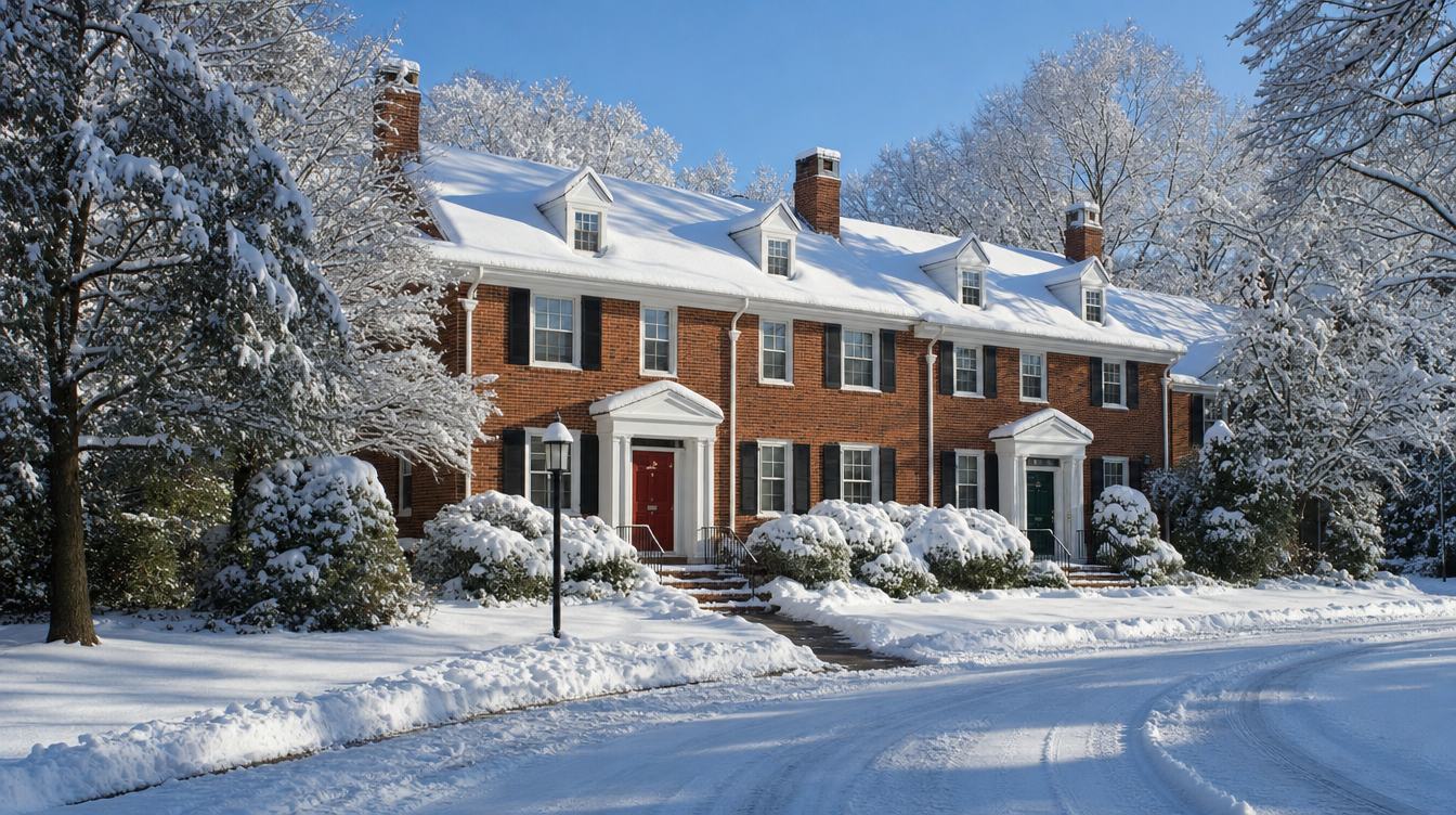 A row of 1940s red-brick colonial-revival homes in Fairlington after a snowfall, with white porticos over a red door and a green door, black shutters, dormers in the snowy roof and snow-covered shrubs and trees
