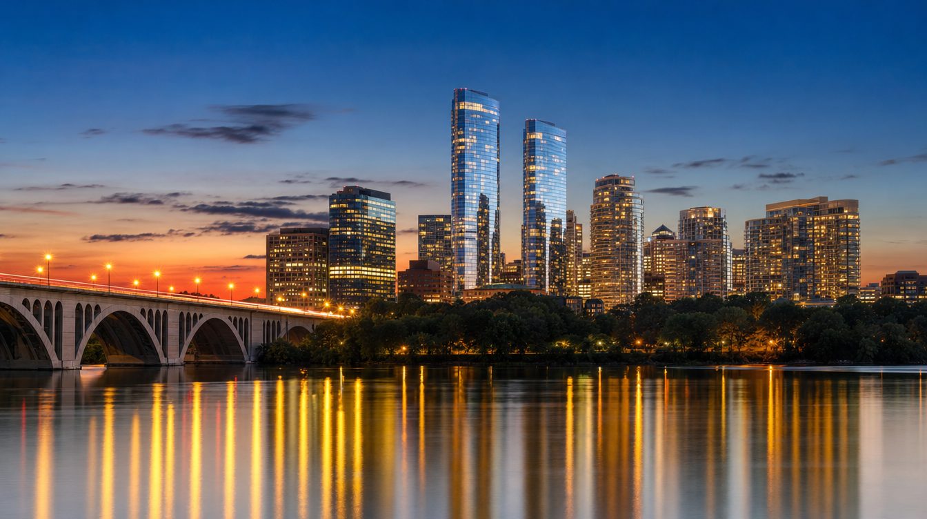 The Rosslyn skyline in Arlington at dusk seen across the Potomac from Georgetown, with Key Bridge's lit arches on the left
