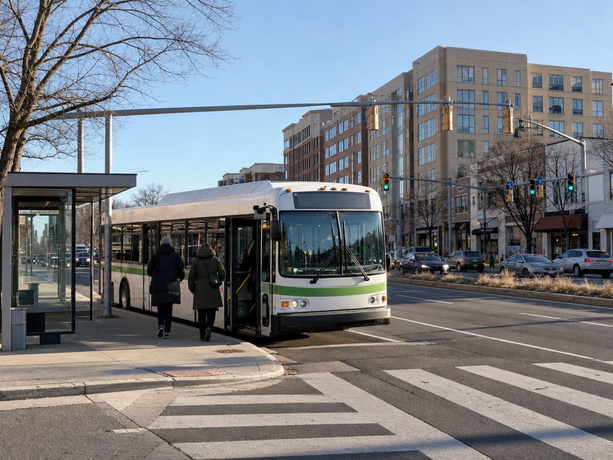 A white city bus with a green stripe stopped at a glass bus shelter on Columbia Pike, with riders boarding and mid-rise buildings behind.