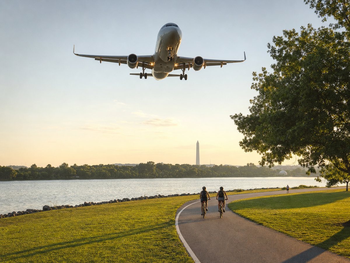 A passenger jet flies low over the Mount Vernon Trail at sunset as two cyclists ride beside the Potomac, with the Washington Monument in the distance.