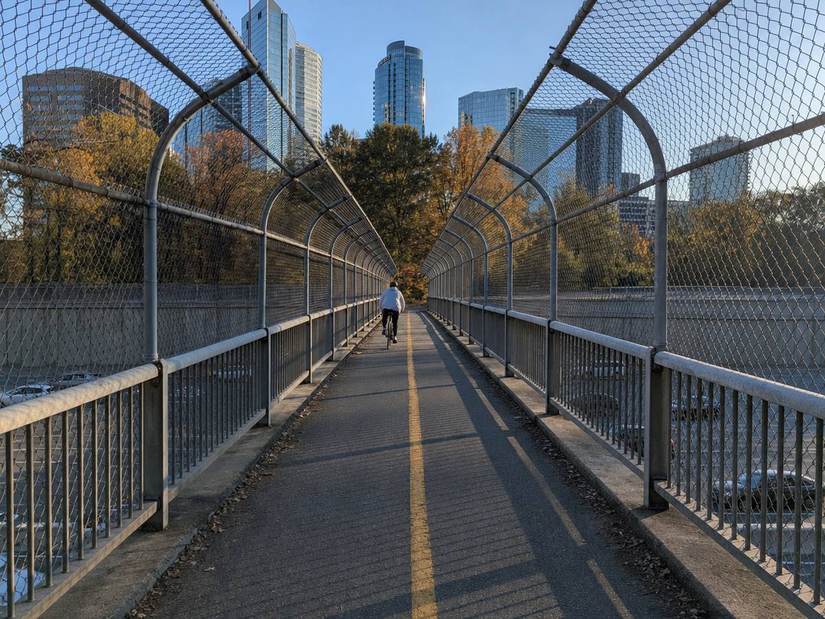 A cyclist rides across the caged Custis Trail bridge over I-66 toward the Rosslyn towers on a fall morning.