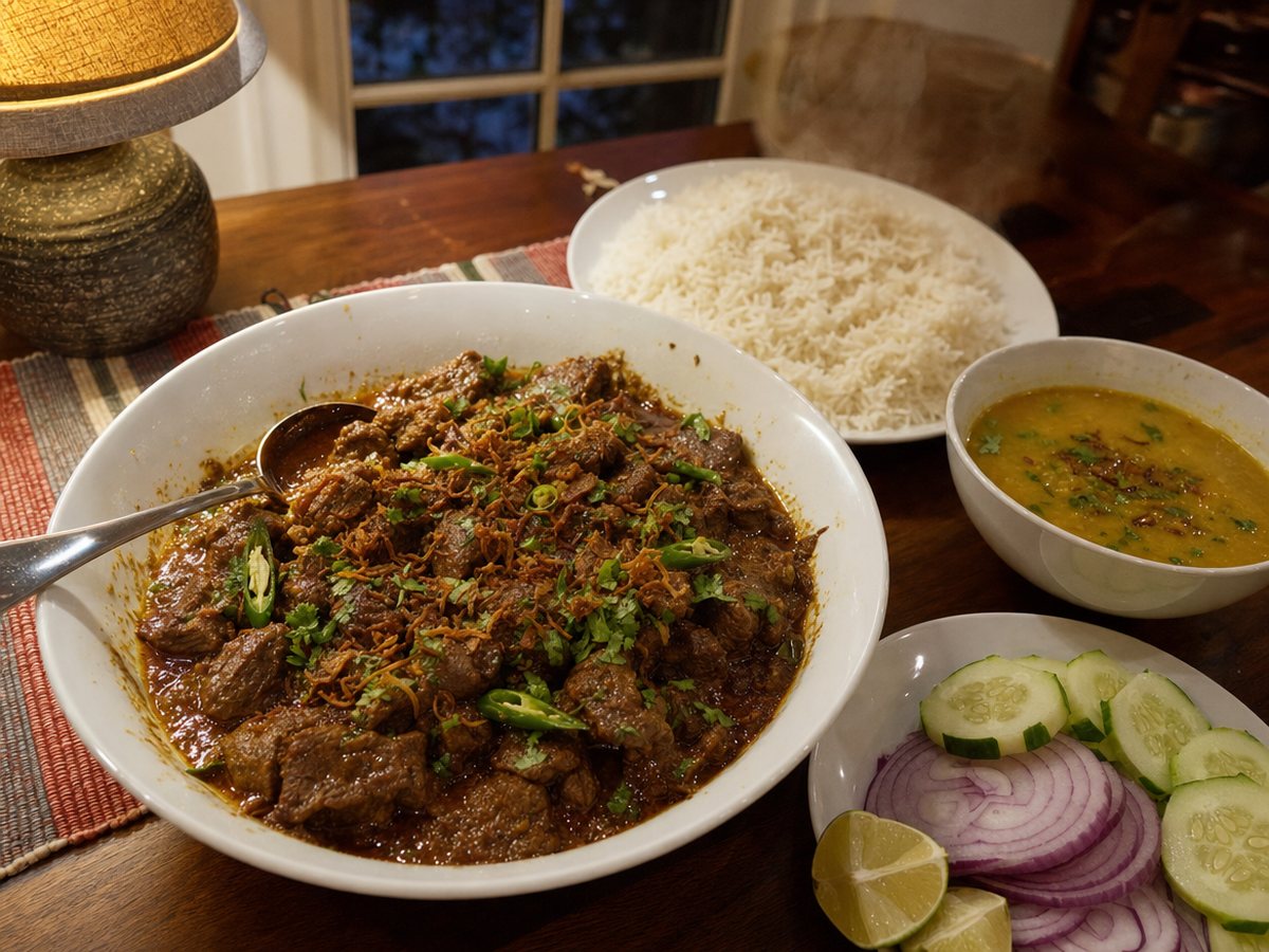 A bowl of dark beef bhuna curry on a dinner table with white rice, yellow dal, sliced onion, cucumber and lime.