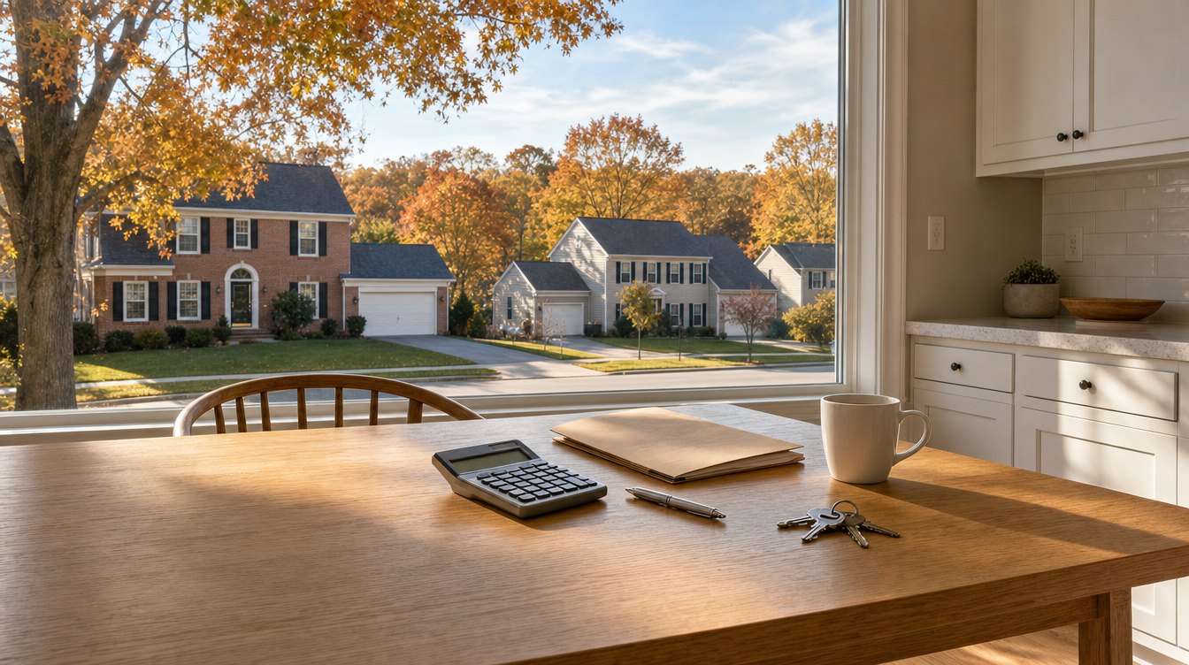 A calculator, a pen, a folder, a coffee mug and house keys on a kitchen table by a window onto colonials in fall color
