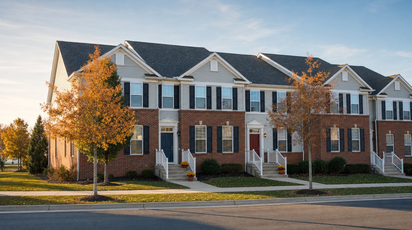 Two townhouse front doors side by side, one navy and one red, with mums on the steps under fall trees