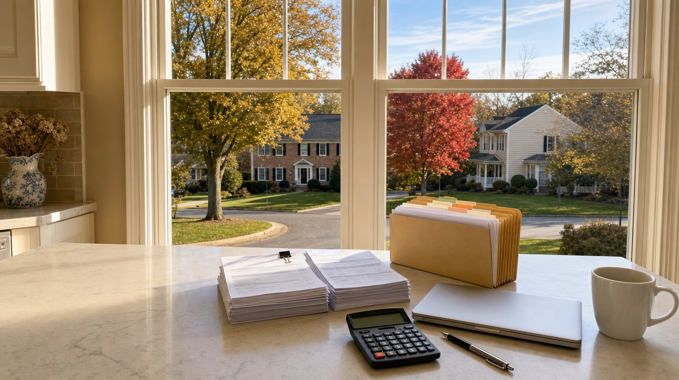 Organized loan paperwork on a kitchen island overlooking an autumn street in Franklin Farm, a concept image