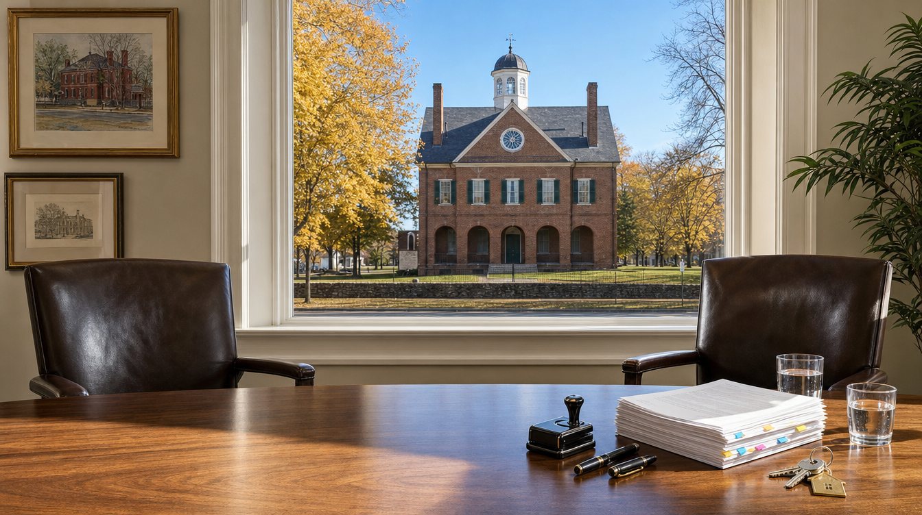 A settlement table set for signing, with the historic Fairfax County Courthouse seen through the window, a concept image
