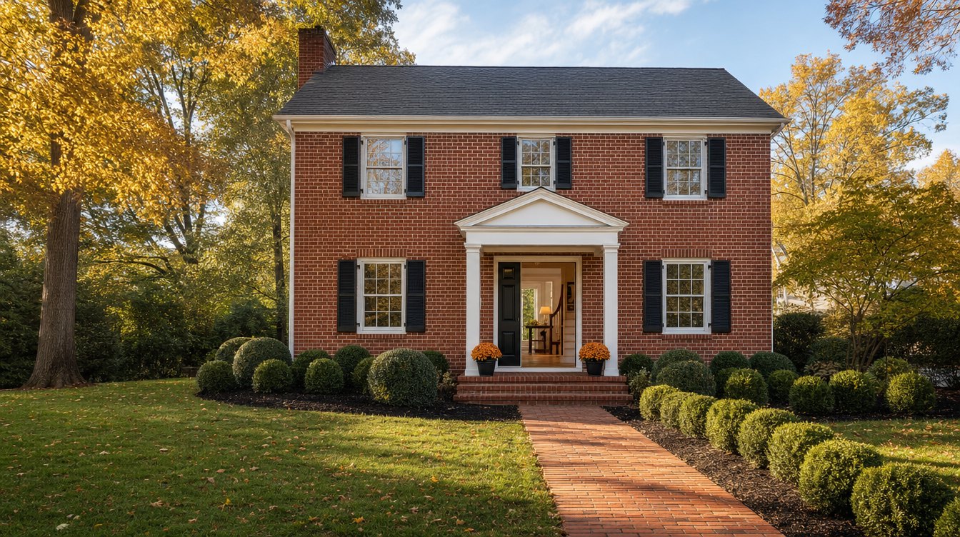 A brick colonial with its front door open, pots of mums on the steps and a brick walk between round boxwoods