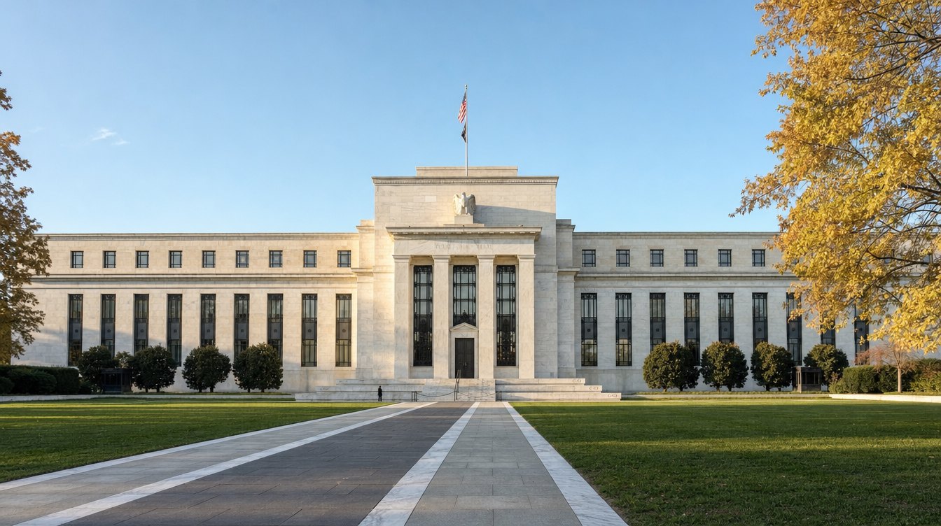 The white marble Eccles Building of the Federal Reserve, with an eagle over the entrance and a flag on the roof, across a lawn in fall