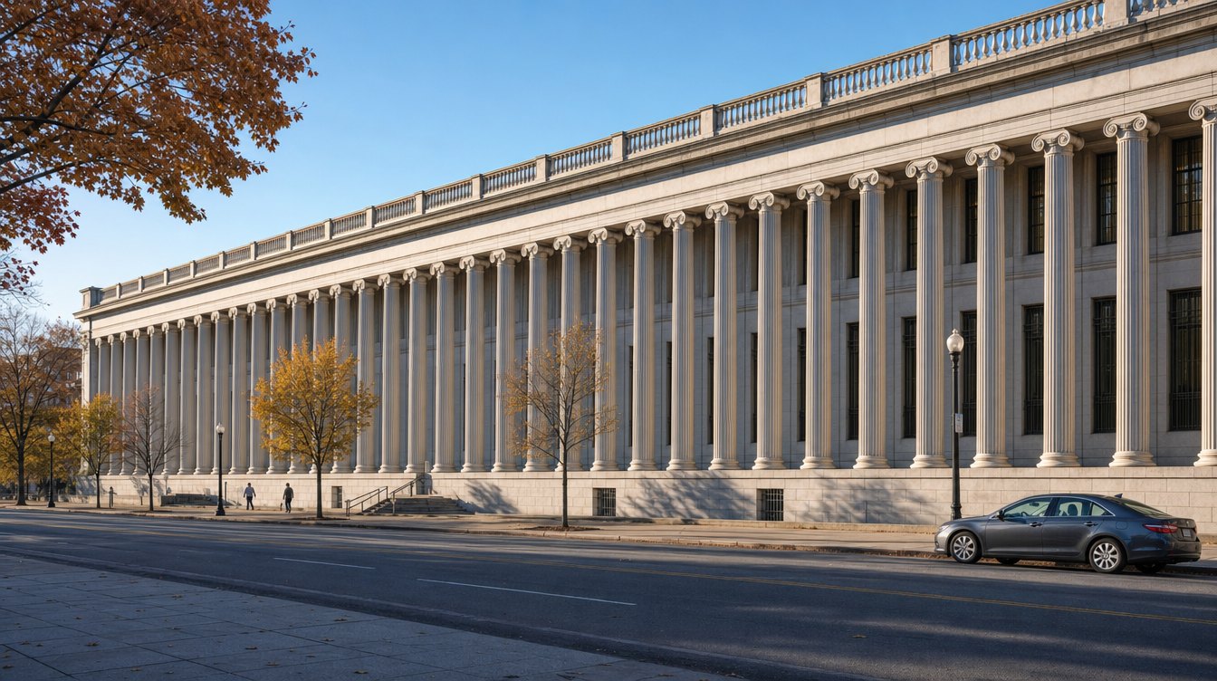 The long column-lined facade of the U.S. Treasury Building along a quiet street in fall