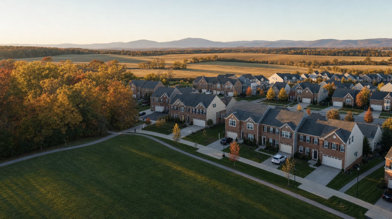 A low drone view where new brick homes end at a mowed green and open farm fields run to the Blue Ridge