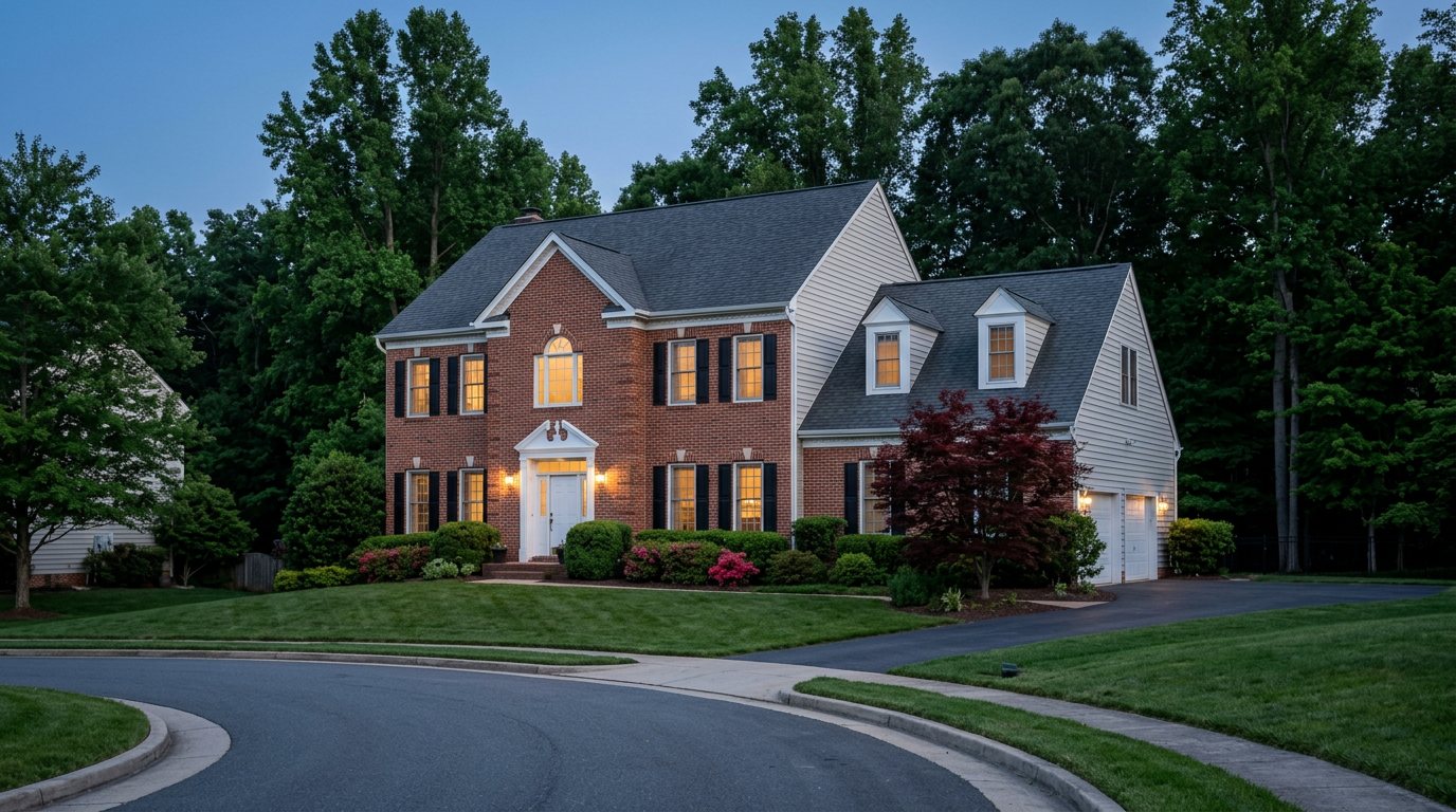 A red-brick center-hall colonial with black shutters and glowing windows at dusk, a red Japanese maple by the walk and a curving street in front