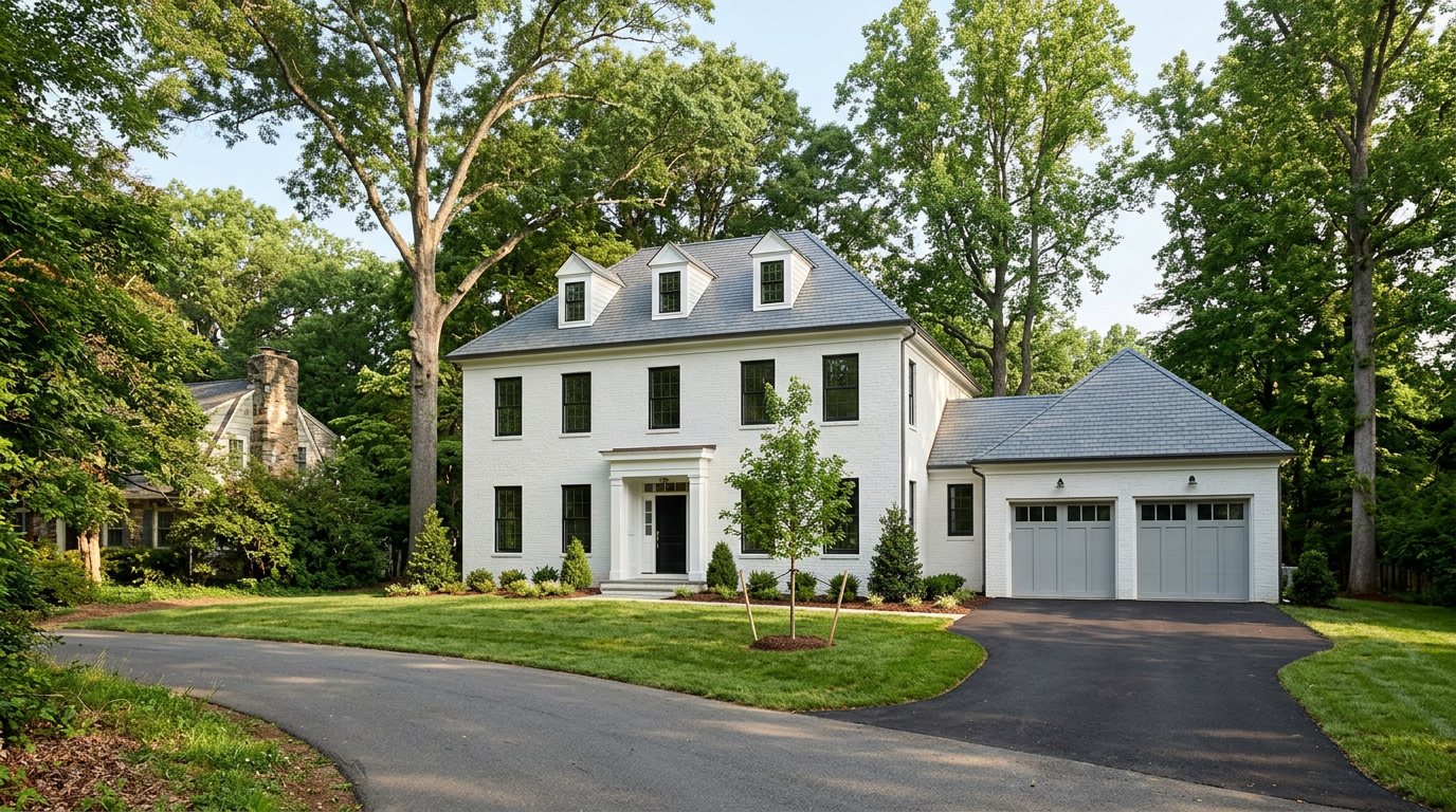 A newly built white-brick colonial with black-framed windows, three dormers and a two-car garage wing, under tall old oaks on a quiet lane