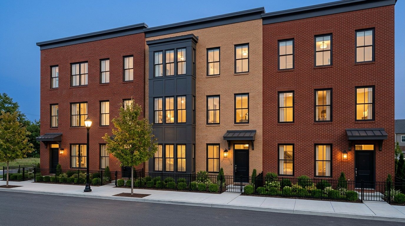 Three townhouses in red and buff brick with a charcoal bay, their black-framed windows glowing warm at blue hour, lanterns by the black front doors, small fenced boxwood gardens and a lamp post on the sidewalk