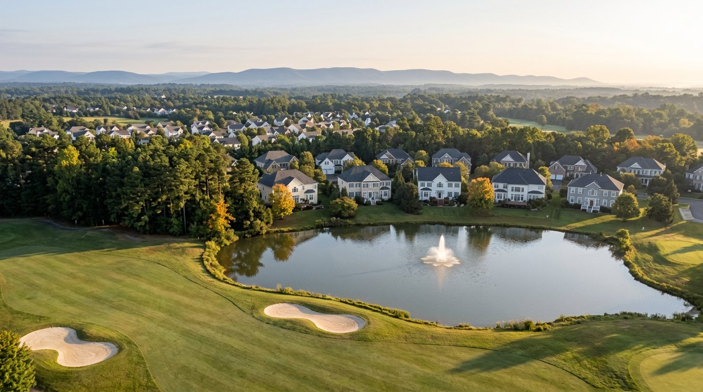 A drone view over a golf pond with a fountain and sand bunkers, large homes along the far shore and the Bull Run Mountains on the horizon at sunrise