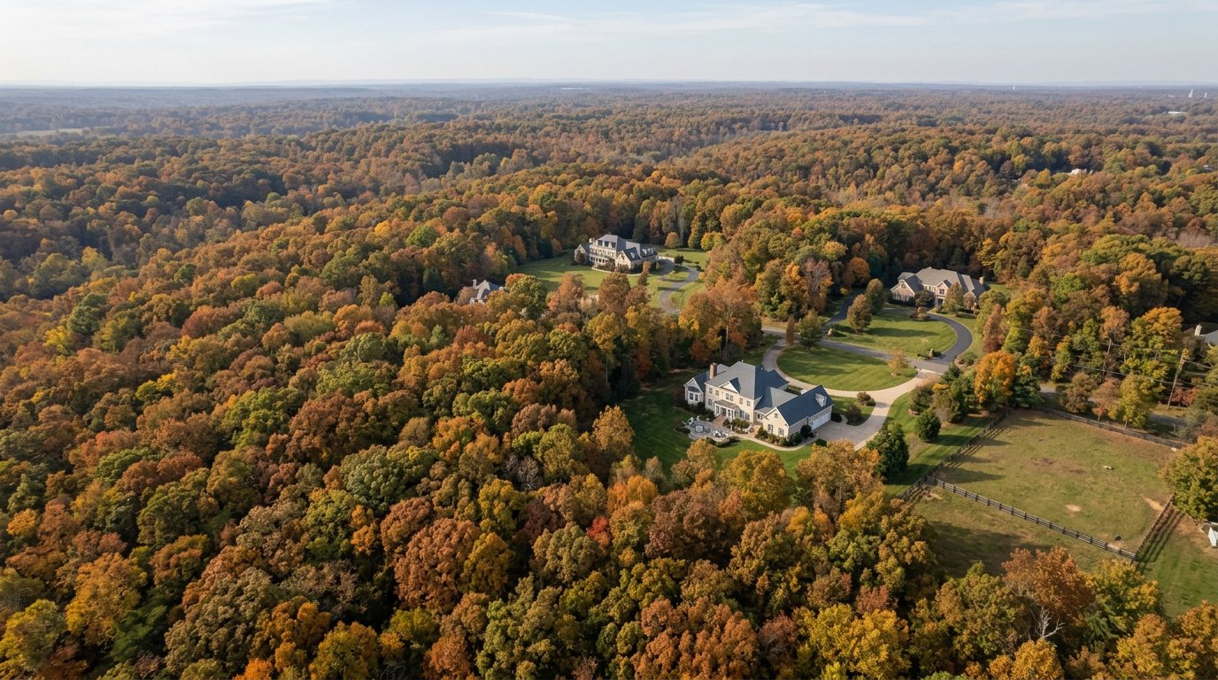 A drone view over large estate homes in clearings with long curving driveways, surrounded by woods at peak fall color