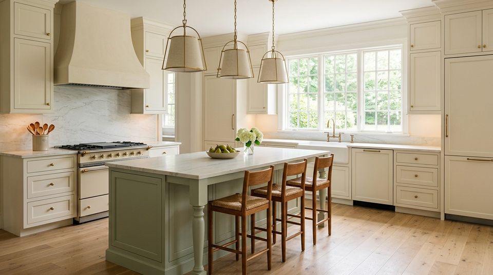 A kitchen with cream cabinets and brass hardware, a sage green island with turned legs and a white stone top, a marble backsplash, a cream plaster hood and linen lanterns, on light oak floors