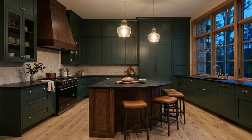 A deep green kitchen with brass hardware, black soapstone counters, a cream tile backsplash, a walnut range hood and a walnut island with leather stools, at dusk