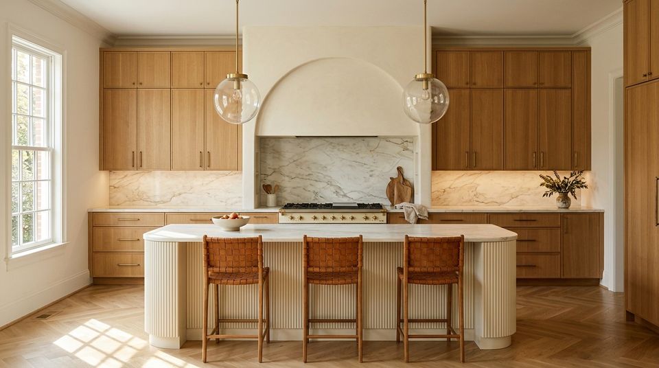 A kitchen with warm white oak cabinets, an arched cream plaster range hood, a quartzite backsplash, a fluted round island with woven leather stools and glass globe pendants, on herringbone oak floors