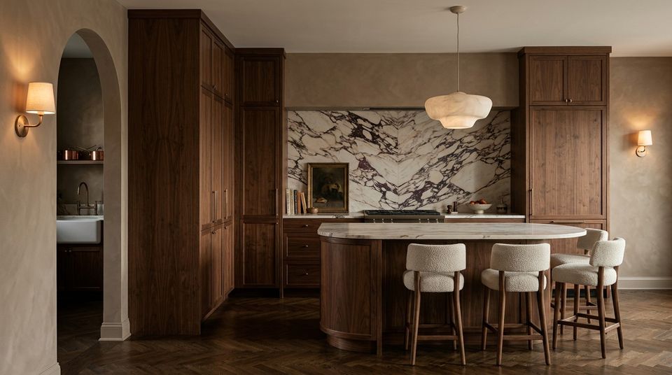 A walnut kitchen with a bold purple-veined marble backsplash, a curved walnut island with boucle stools, an alabaster pendant, and an arched opening to a scullery, on dark herringbone oak floors