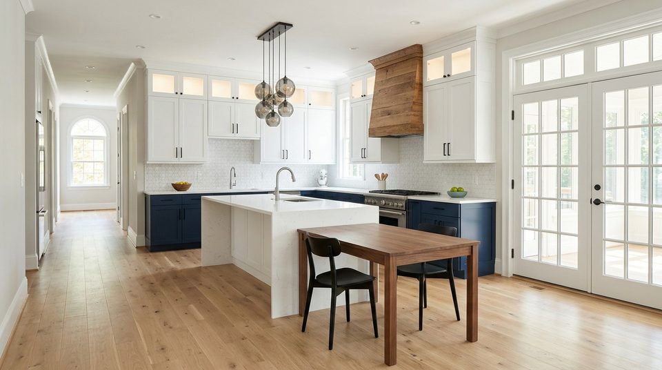 A kitchen with navy lower cabinets, white upper cabinets, a white quartz island, a wood range hood, glass globe pendants and a walnut table, on light hardwood floors