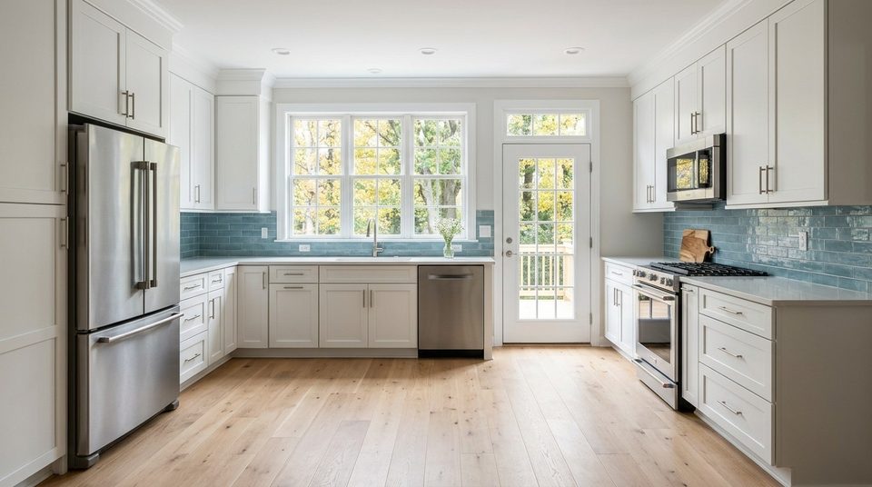 A white kitchen with a sea-blue tile backsplash, quartz counters, stainless steel appliances, a window over the sink and a glass door to a deck, on light hardwood floors