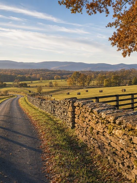 A hunt-country lane beside a dry-stone wall in western Loudoun in late October