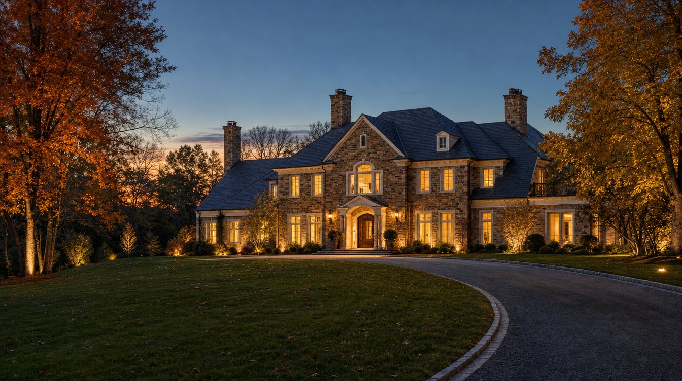 A stone estate home glowing at twilight among autumn trees in the Great Falls area