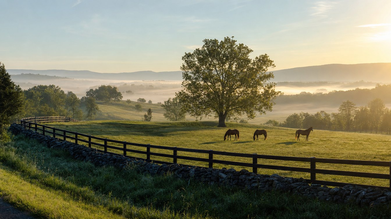 Horses grazing behind a black board fence in misty pastures near Middleburg
