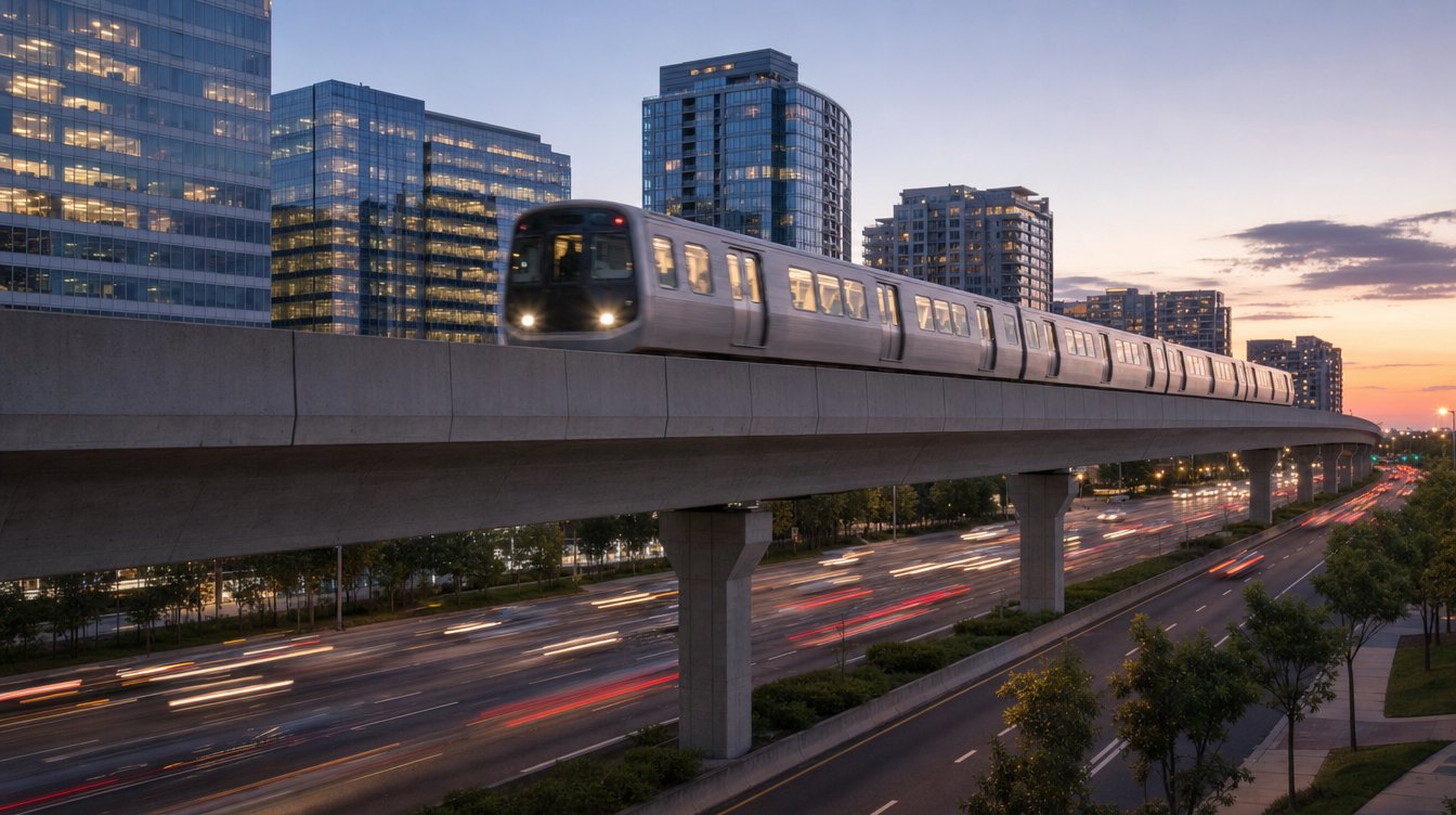 A Silver Line train crossing Tysons on its elevated track above Route 7 at dusk