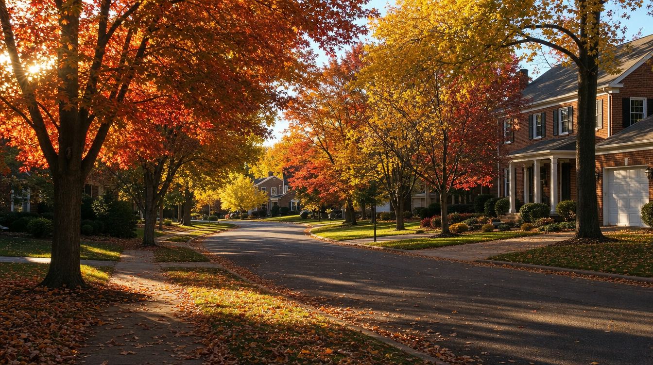 A quiet curving street of brick colonials under red and gold fall trees in Oakton, with low sun through the leaves and fallen leaves along the sidewalk