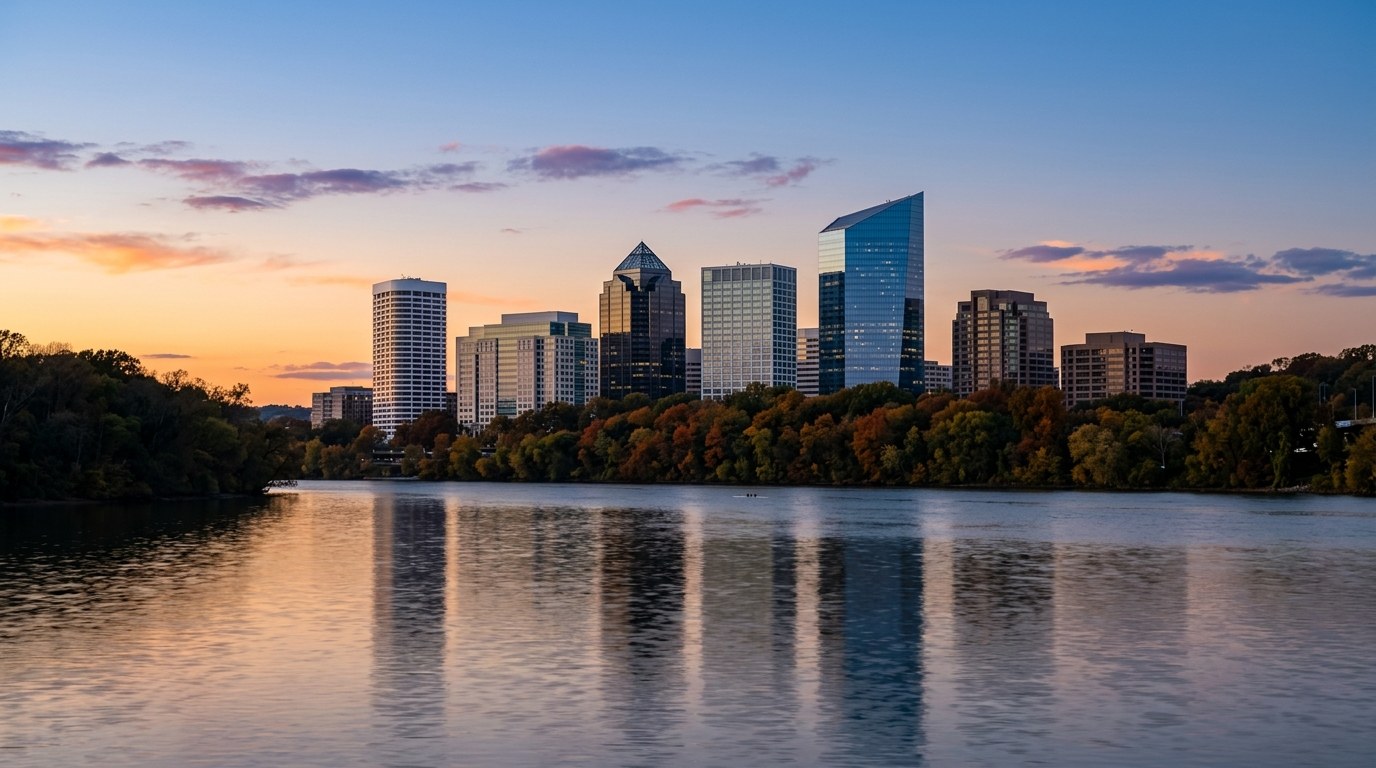 Rosslyn's glass towers glowing at dusk above fall-colored trees, reflected in the calm Potomac River.