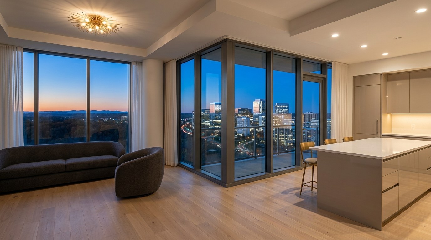 A corner living room with oak floors and floor-to-ceiling windows looking over the lit Tysons skyline at blue hour.