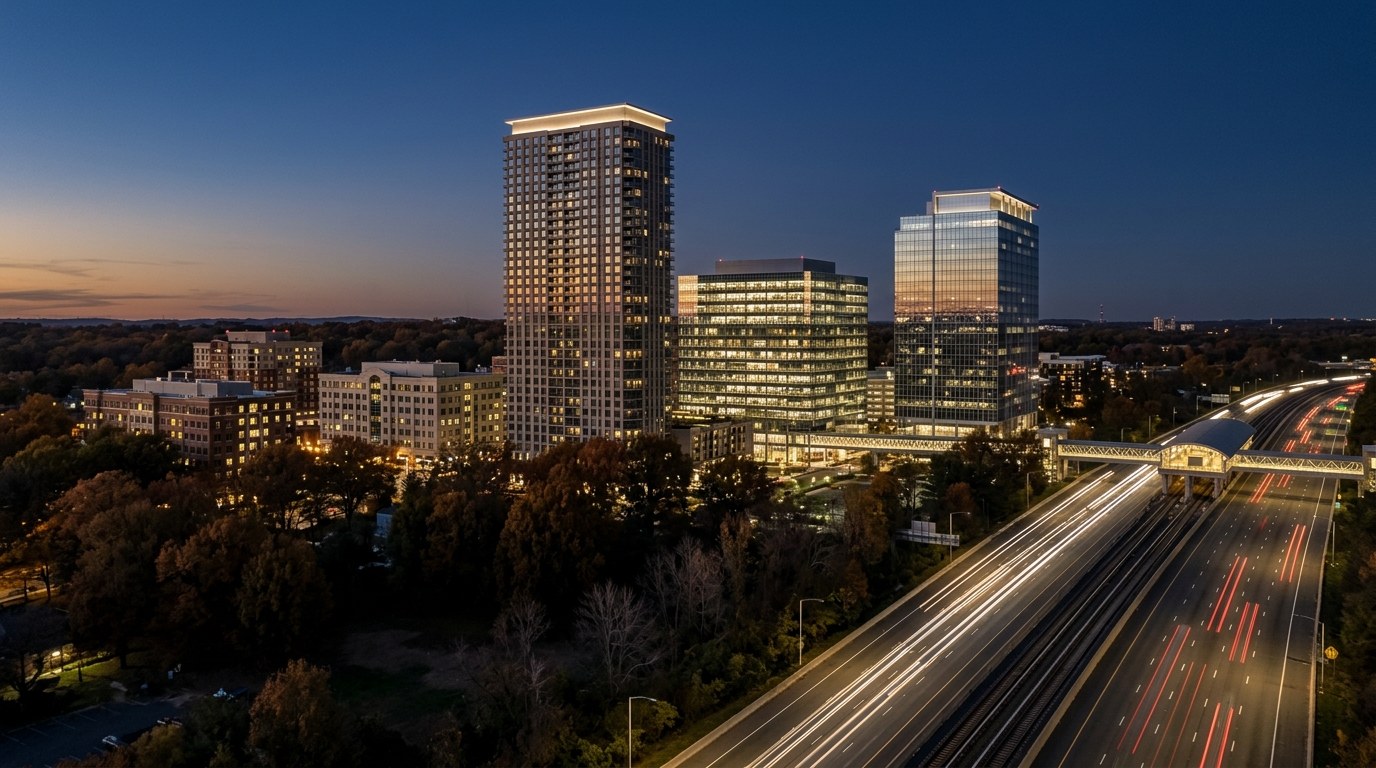 Reston Town Center's towers lit at blue hour above the Dulles Toll Road, with light trails from traffic.