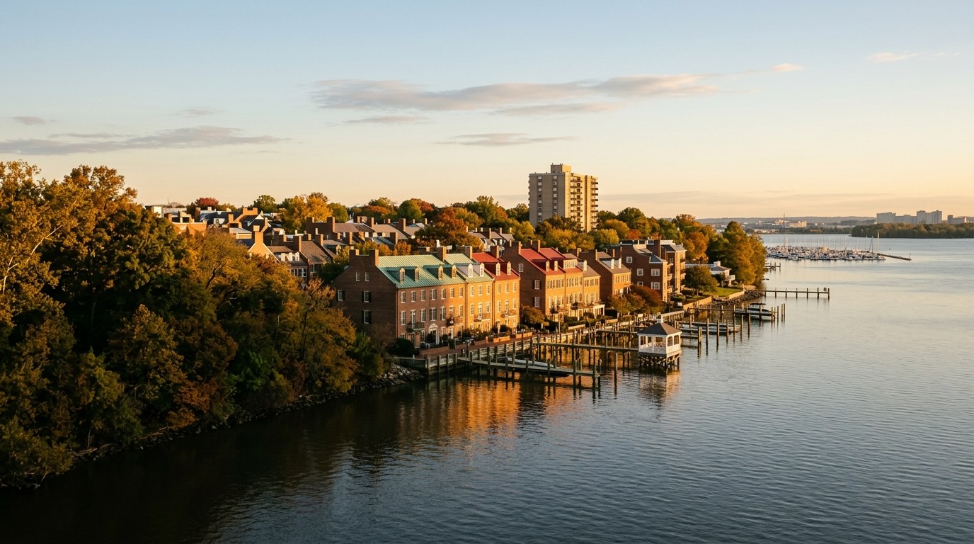 Brick townhomes with private docks on the Potomac in Old Town Alexandria, glowing at golden hour among fall trees.
