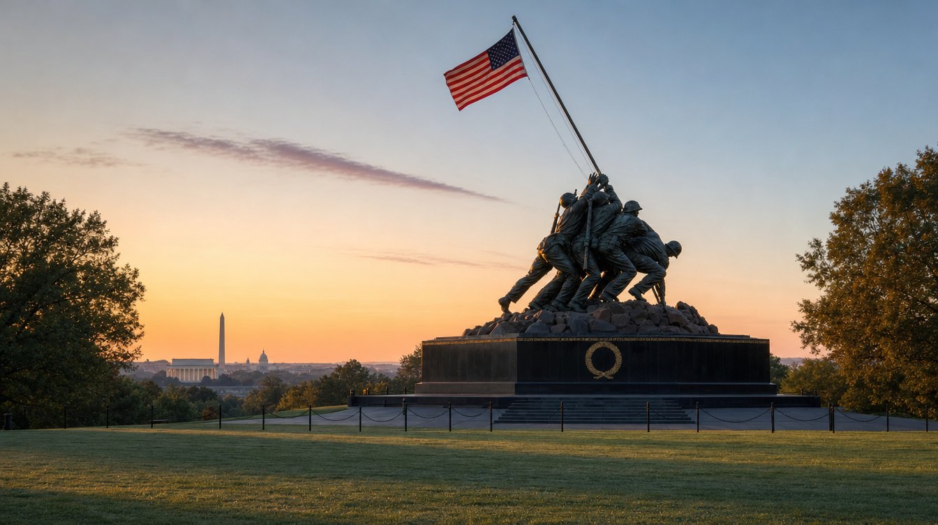 The Marine Corps War Memorial at dawn: the bronze flag raising on its black granite base against a peach sky, with the Washington Monument, the Lincoln Memorial and the Capitol low on the horizon across the river