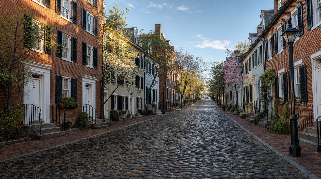 Captain's Row in Old Town Alexandria on a spring morning: a cobblestone street between brick Federal rowhouses with black shutters, iron stoop railings and trees in white and pink bloom