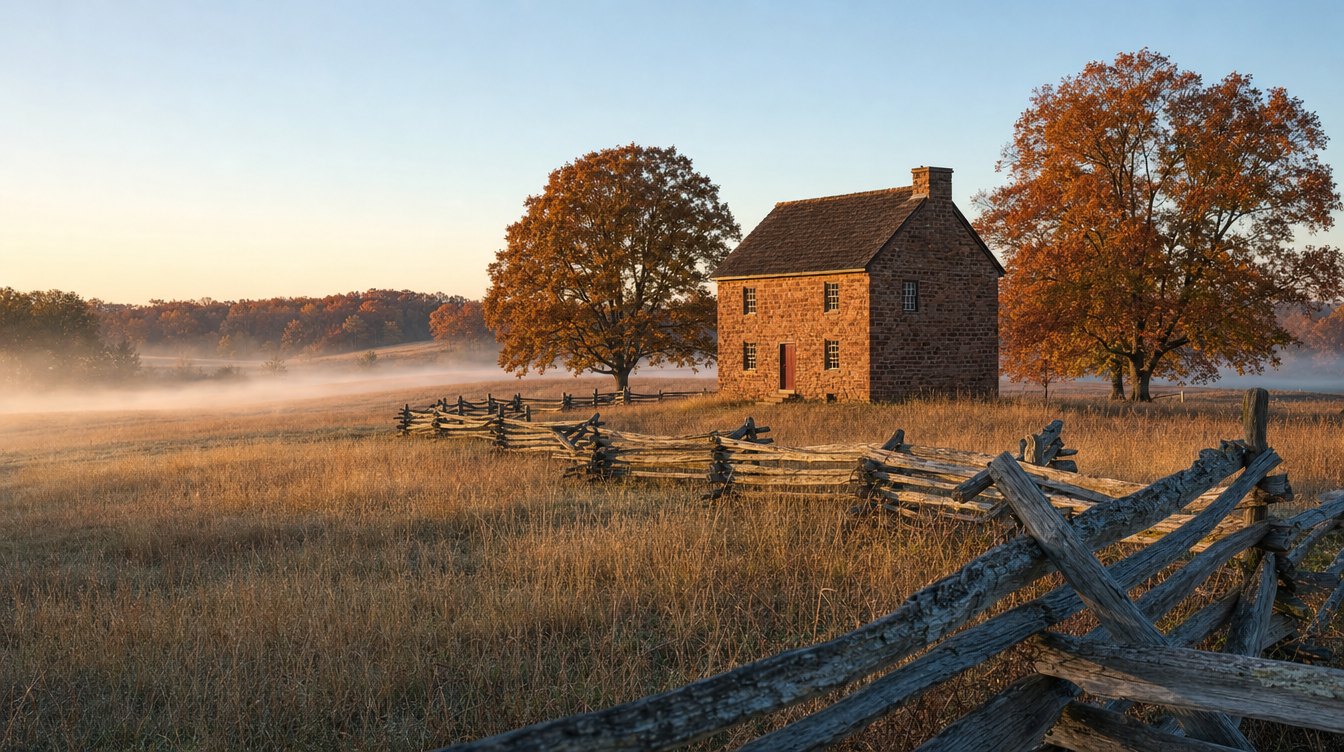 The Stone House at Manassas National Battlefield on an October morning: a two-story red sandstone house among orange oaks, with mist in the fields and a split-rail fence in front