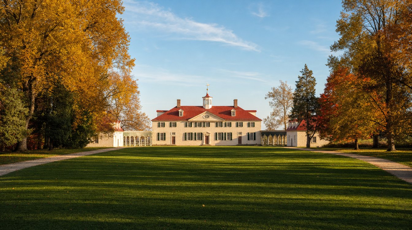 The west front of George Washington's Mount Vernon in October: the cream mansion with its red roof and white cupola across the long bowling green, between trees in gold and orange