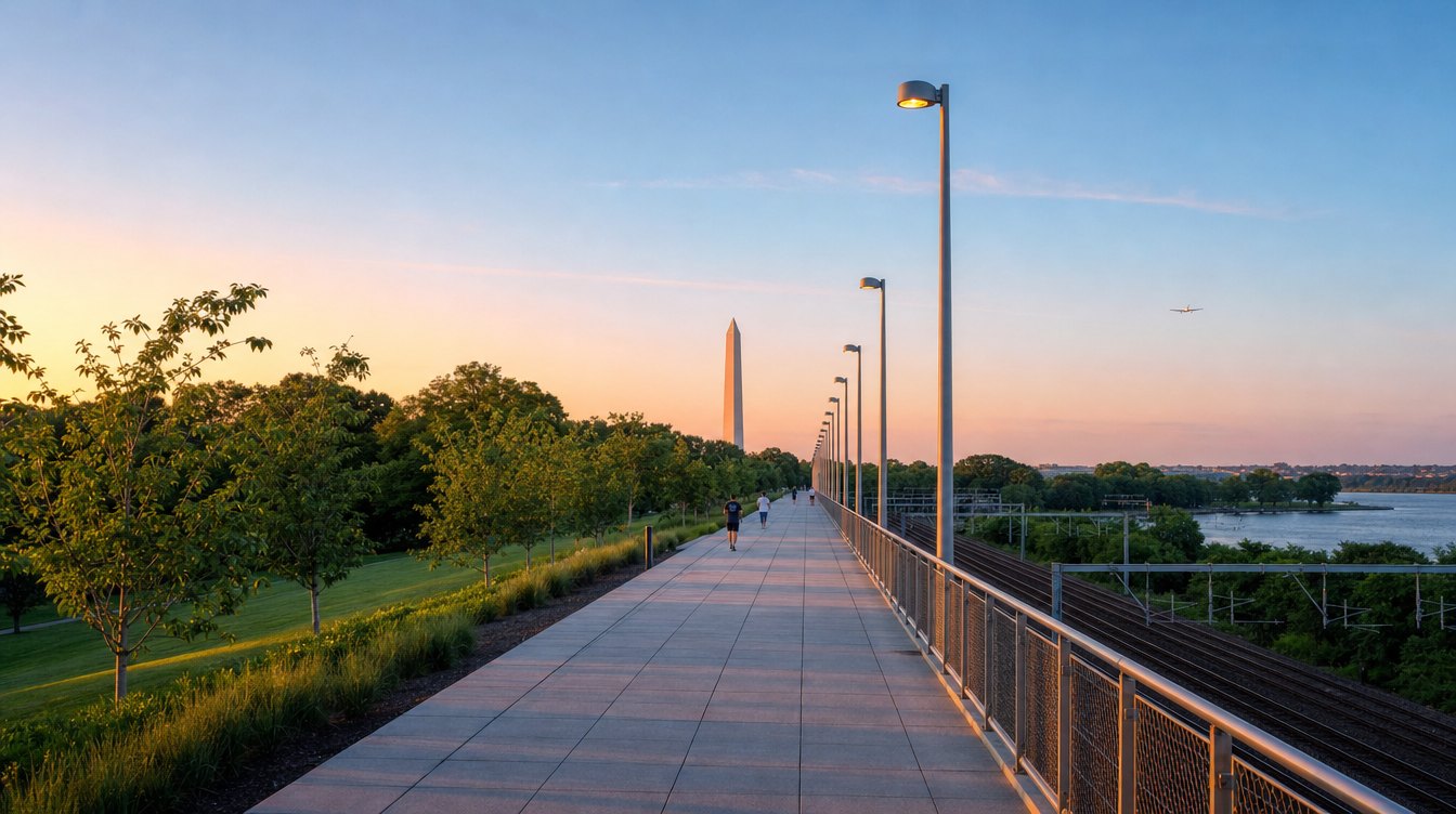 Long Bridge Park's raised walkway in Arlington at sunset: pale gray pavers, a steel railing and tall lamp posts running north beside the rail tracks, with the Washington Monument at the far end under a peach and blue sky