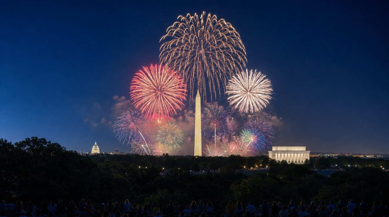 Fourth of July fireworks over the National Mall seen from Arlington Ridge: bursts of red, gold and white around the Washington Monument, with the Capitol dome on the left, the Lincoln Memorial on the right and a dark line of trees and onlookers below